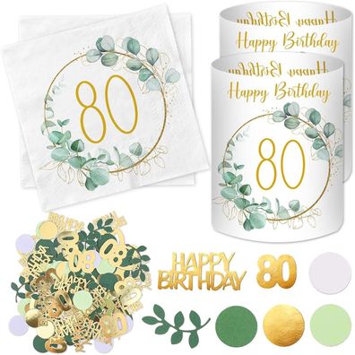 Luckeey 20x Servietten, 12x Windlicht, 100x Konfetti 80 Geburtstag Deko Grün