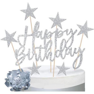 iZoeL Tortendeko Silber Set: 2x Happy Birthday Topper & 20x Sterne Cake Topper