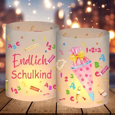 12 Windlichter Tischdeko Einschulung Mädchen, Endlich Schulkind 2025 Deko