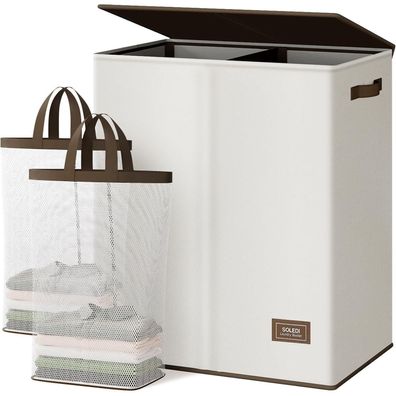SOLEDI 145L Wäschekorb mit Deckel und 2 Fächern, Wäschesammler XXXL, Beige+Braun
