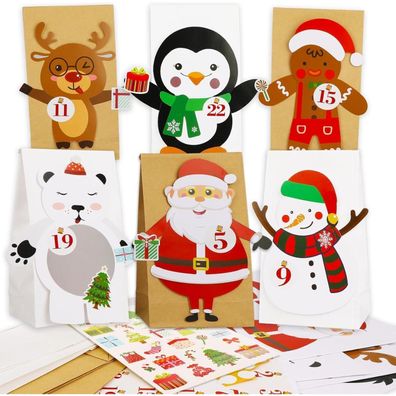 HOWAF Adventskalender zum Befüllen, 24 Kraftpapiertüten mit Zahlen-Aufklebern