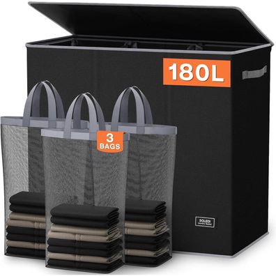 SOLEDI 180L Wäschekorb mit Deckel, 3 Fächer und 3 Wäschesäcken - XXXL