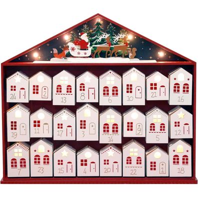 PE Holz Adventskalender Haus Groß mit LEDs und 24 Schubladen - Weihnachtsdeko