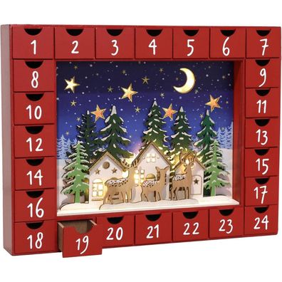 PE Handgefertigter Holz Adventskalender mit 24 Schubladen - Beleuchteter