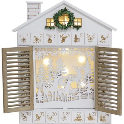 PE Holz Adventskalender Haus mit 24 Schubladen und LED-Lichtern, weiß