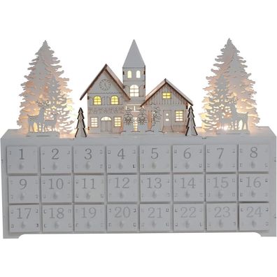 PE Holz Adventskalender zum Befüllen mit LED, 24 Schubladen, Winterwald Szene