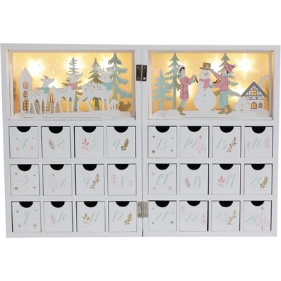 PE Holz Adventskalender Buch zum Befüllen mit 24 Schubladen und LED Lichtern