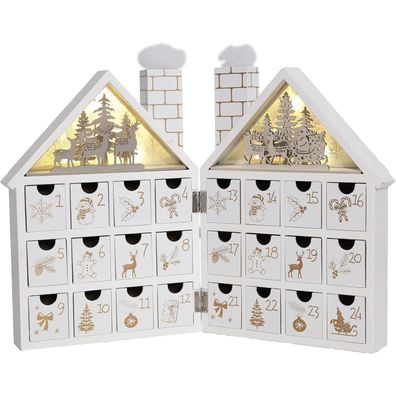 PE Adventskalender Haus aus Holz mit LEDs und 24 Schubladen, handgefertigte