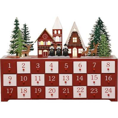 PE Handgefertigter Holz Adventskalender mit 24 Schubladen, beleuchtete Dorf