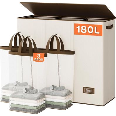 SOLEDI 180L Wäschekorb mit Deckel, 3 Fächer und 3 Wäschesäcken, Beige