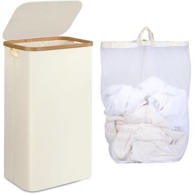 iEGrow Wäschekorb 75L, schmal mit Deckel und herausnehmbarer Innentasche, beige