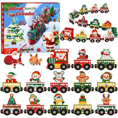 Adventskalender 2025 Weihnachtszug, magnetische Holzeisenbahn, 24 Tage