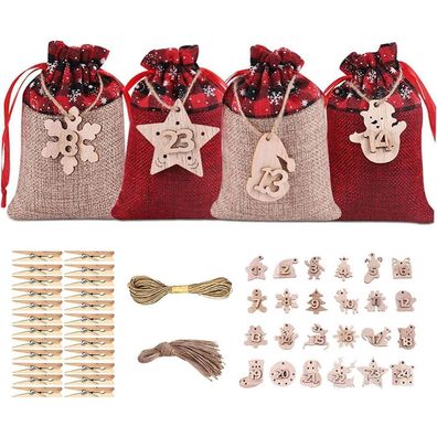 Adventskalender Säckchen Set, 24 Hängende Geschenktaschen aus Leinen mit