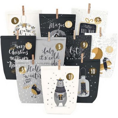 Adventskalender zum Befüllen, 24 bedruckte Papiertüten mit Zahlen-Aufklebern