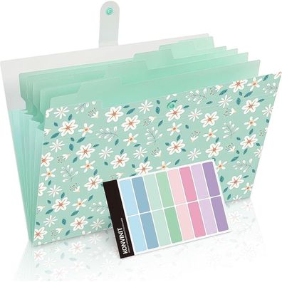 Konvinit Dokumentenmappe A4 mit 6 Fächern, erweiterbar, Blumenmuster, mint