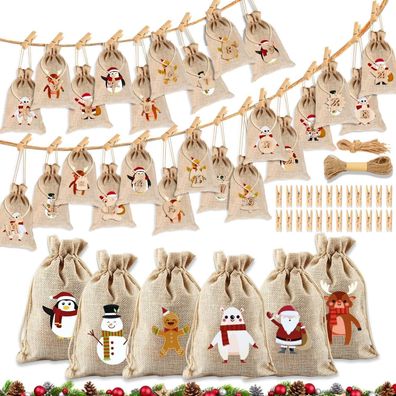 Wdjlnzb Adventskalender zum Befüllen, 24 Stoffbeutel mit Zahlen, Holzklammern