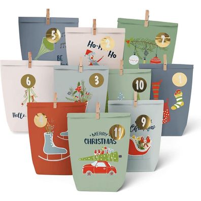 Adventskalender Tüten zum Befüllen, 24 bedruckte Kraftpapiertüten für Kinder