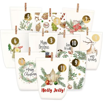 Adventskalender Tüten zum Befüllen, 24 DIY Kraftpapier Geschenktüten mit