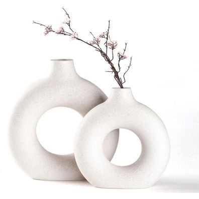 CEMABT Keramik Vase im Donut-Design, Handgefertigt, Matt Weiß, Modern, für Büro