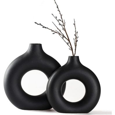 CEMABT Matt Schwarze Keramik Vase im Donut-Design, Handmade, Modern, 2er Set