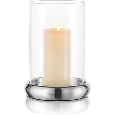 Romadedi Windlicht Kerzenständer aus Glas mit Metallbasis, silber, 14 cm Höhe