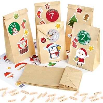 Adventskalender zum Befüllen, 25 Kraftpapiertüten mit Zahlen Aufklebern und