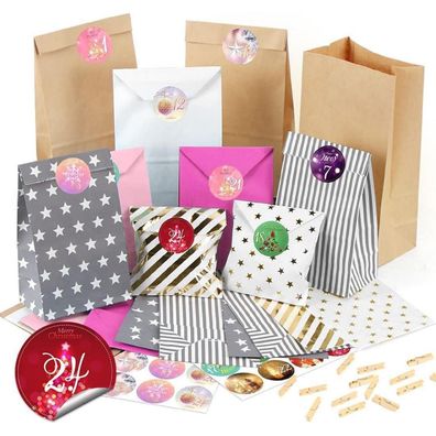 Sprinlot Adventskalender zum Befüllen: 26 Papiertüten mit Zahlen Aufklebern für