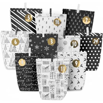 Adventskalender zum Befüllen, 24 schwarze Adventstüten mit Zahlenaufklebern zum