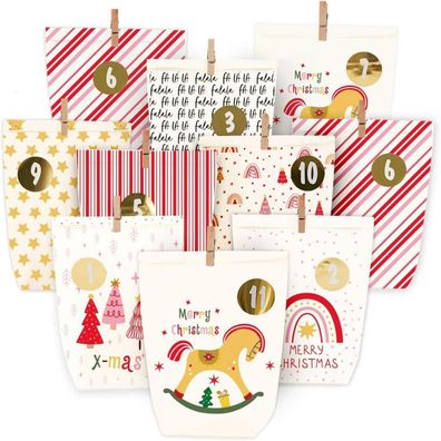 Hoecmrhp Adventskalender zum Befüllen, 24 bedruckte Papiertüten mit Zahlen