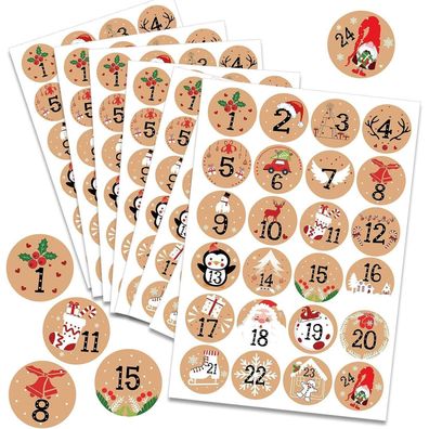 HOWAF Adventskalender Aufkleber (Zahlen 1-24) 192 Stück Kraft Zahlen Sticker