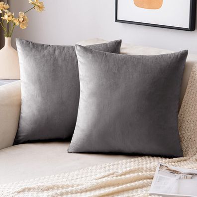 EMEMA Samt Kissenbezug 50x50 cm, Dekokissen Grau für Sofa, Lendenkissen, 2er Set