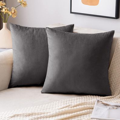 EMEMA Samt Kissenbezug 2er Set 40x40 cm Dunkelgrau - Dekokissen für Sofa