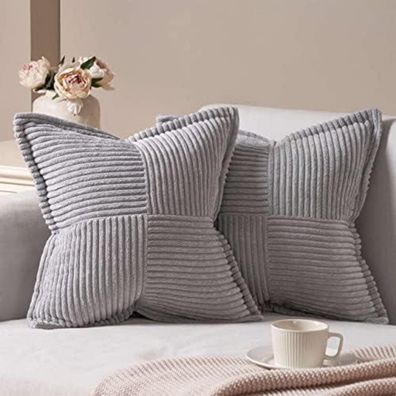 Topfinel Kissenbezug 35x35 cm Kordsamt Grau 2er Set - Winter Deko für Wohnzimmer