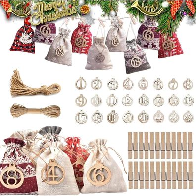 BAEIDO Adventskalender Säckchen Set 2024 - 24 Jutebeutel mit Holzklammern und