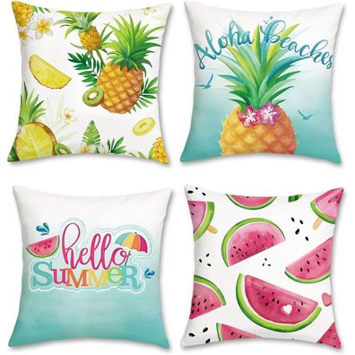 Bonhause 4er Set Kissenbezüge Sommer Früchte 45x45 cm Wassermelone Ananas Samt
