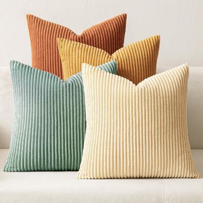 MIULEE Kissenbezug 50x50 cm, 4er Set, Kordsamt, weich, gestreift, grünlich-gelb
