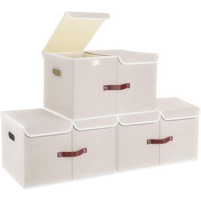 TYEERS Extra Große Aufbewahrungsbox mit Deckel und Fächern, Beige, 3 Stück