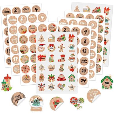 DPKOW Adventskalender Zahlen Aufkleber Set 1-24, Kraftpapier Optik, für Basteln
