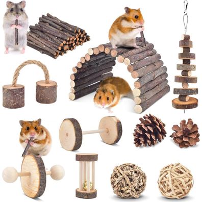 ERKOON 11 Stück Hamster Kauspielzeug Set aus Naturholz für Kleintiere wie