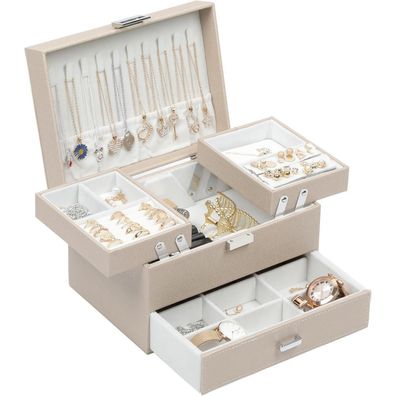Dajasan Schmuckkästchen Champagnerfarben, 3 Ebenen PU-Leder Schmuckbox mit