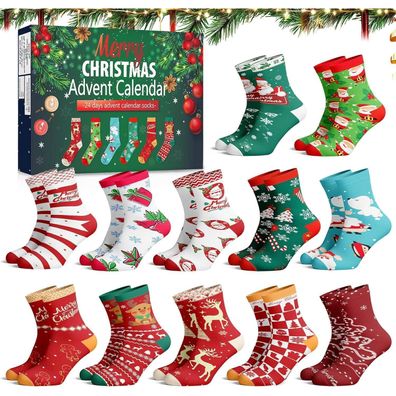 12 Paar Weihnachtssocken Adventskalender 2025 - Spaß Bunt Socken für