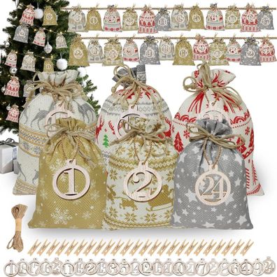 Jingtops Adventskalender zum Befüllen, 24 Jutesäckchen in 2 Größen mit Zahlen