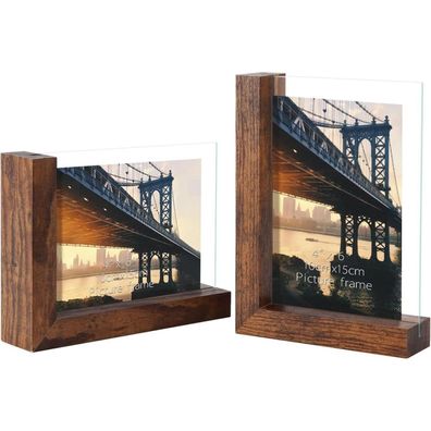 RLAVBL 2er Set Bilderrahmen 10x15 cm, Doppelseitiger Glasrahmen mit L-Sockel
