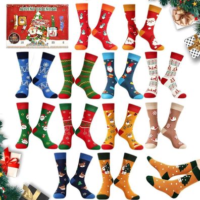 Adventskalender Socken 2025 für Damen und Herren, 12 Paar bunte