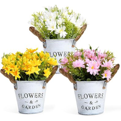 GoMaihe Künstliche Gänseblümchen im Topf, 3er Set, Rosa, Lila, Gelb