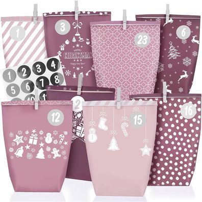 Adventskalender Tüten zum Befüllen 2025, 24 XXL Papiertüten im rosa Stil für