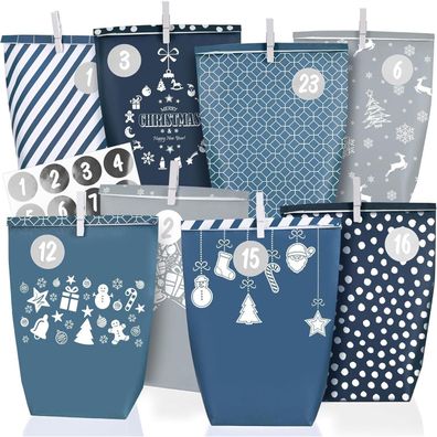 Adventskalender zum Befüllen 2025 - 24 blau-graue Papiertüten (22x16x6cm) zum