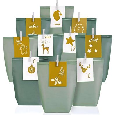 Adventskalender zum Befüllen 2025 - 24 Eukalyptus Grün Geschenktüten XXL mit