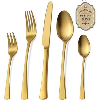 Bestdin Besteck Set 30-teilig Matt Gold für 6 Personen, Edelstahl Essbesteck