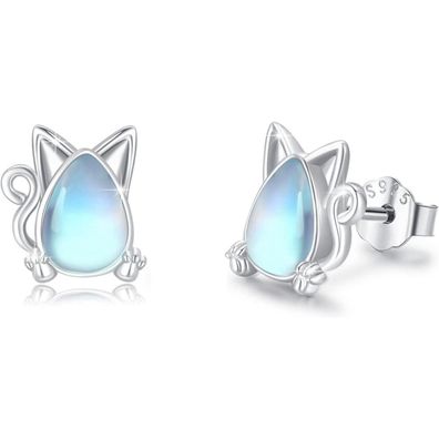 925 Sterling Silber Ohrstecker mit Mondstein, Katze Design, Hypoallergen